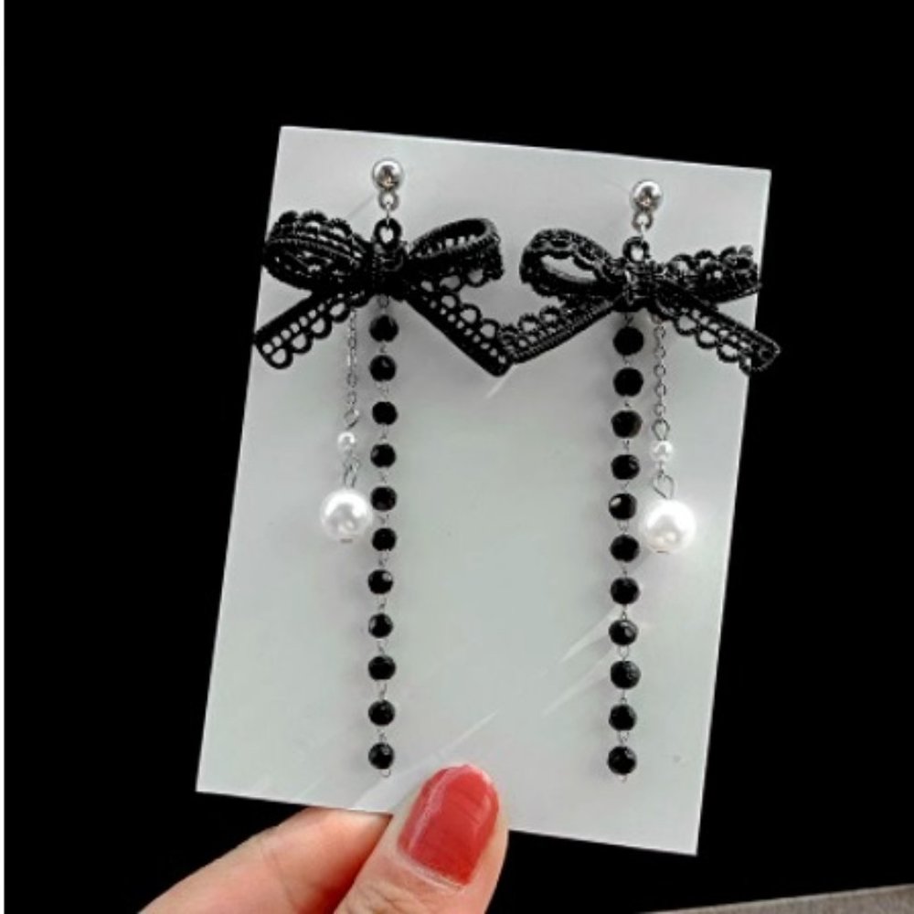 Goth Lolita Black Bow Dangle Earrings